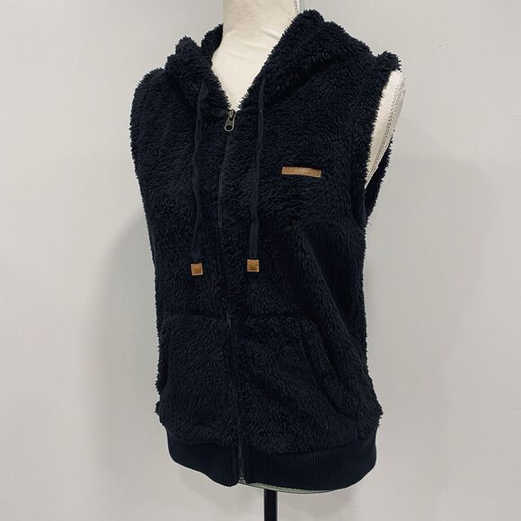 Billabong Jackets & Blazers - BILLABONG M Black Side By Side Hooded Full Zip Sherpa Fleece Vest High Pile Soft